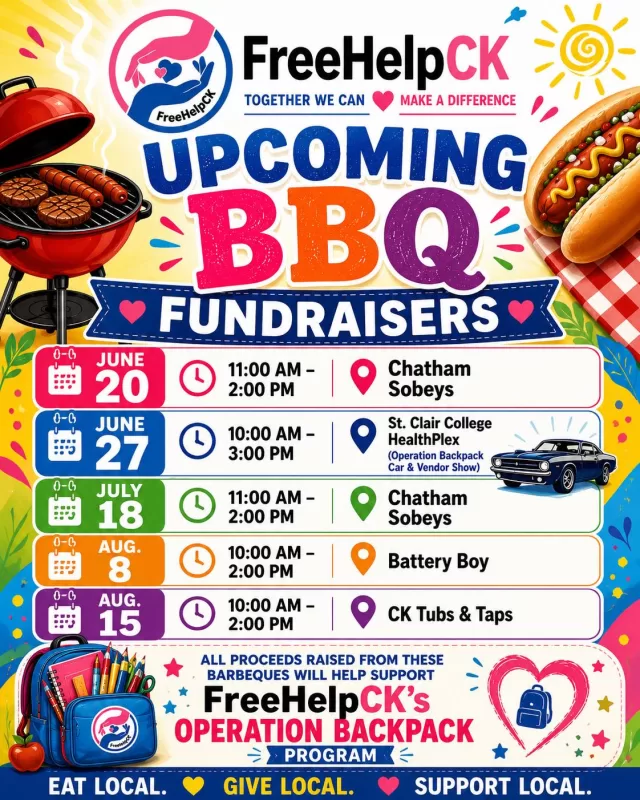 🌭🔥 BBQ season is here, and we’d love to see you there!

Join us at one (or all!) of our upcoming FreeHelpCK BBQ Fundraisers this summer. Every hot dog purchased helps make a difference right here in Chatham-Kent.

❤️ 100% of the proceeds from these BBQs will support FreeHelpCK’s Operation Backpack Program, helping provide local students with the school supplies they need to start the school year with confidence.

Whether you’re grabbing lunch on your break or bringing the whole family, your support helps us get one step closer to our goal of filling thousands of backpacks for local children.

We can’t wait to see you this summer! 🌭🎒

#FreeHelpCK #OperationBackpack #ChathamKent #SupportLocal #CommunityStrong #BBQFundraiser #GivingBack