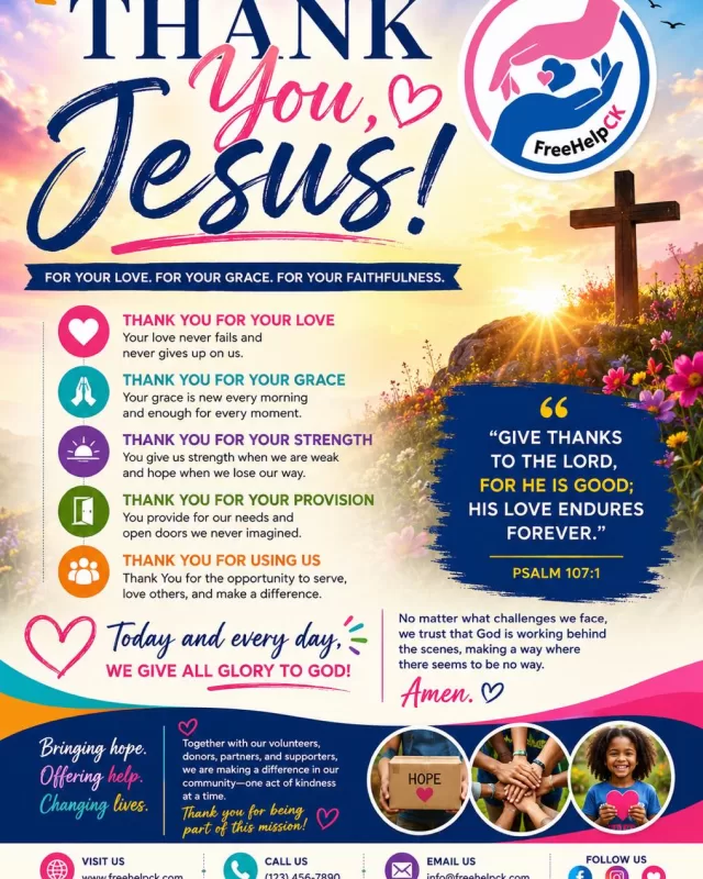 🙏 A Heartfelt Thank You to Jesus 🙏

Today, we simply want to pause and say Thank You, Jesus.

Thank You for Your grace when we fall short.
Thank You for Your strength when we are tired.
Thank You for Your provision when the path seems uncertain.
Thank You for every open door, every helping hand, and every blessing—both seen and unseen.

At FreeHelpCK, we are reminded daily that hope is never lost and that even the smallest act of kindness can change a life. We are grateful for the opportunity to serve our community and for the many volunteers, donors, partners, and supporters who make that possible.

No matter what challenges we face, we trust that God is working behind the scenes, making a way where there seems to be no way.

📖 “Give thanks to the Lord, for He is good; His love endures forever.” — Psalm 107:1

Today and every day, we give all glory to God and thank Jesus for His faithfulness.

❤️ Amen.

#ThankYouJesus #FaithOverFear #Blessed #GodIsGood #FreeHelpCK #CompassionInAction #HopeForEveryHeart #GiveThanks #ChristianFaith #Amen