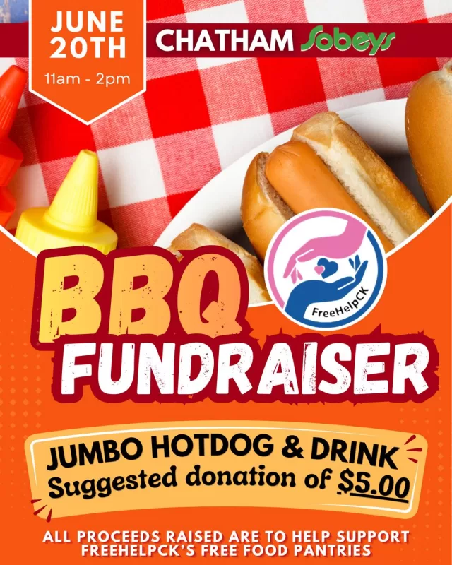 Join us at Sobeys Chatham from 11:00 AM – 2:00 PM for our Hot Dog Fundraiser😋🌭

Skip making lunch this Saturday and support a great cause!✨ Every hot dog purchased helps stock our FreeHelpCK Free Food Pantries 🍞🥫, ensuring local families and individuals have access to food when they need it most.

Bring your family, grab some lunch, and help us make a difference, one hot dog at a time. We can’t wait to see you there!😊