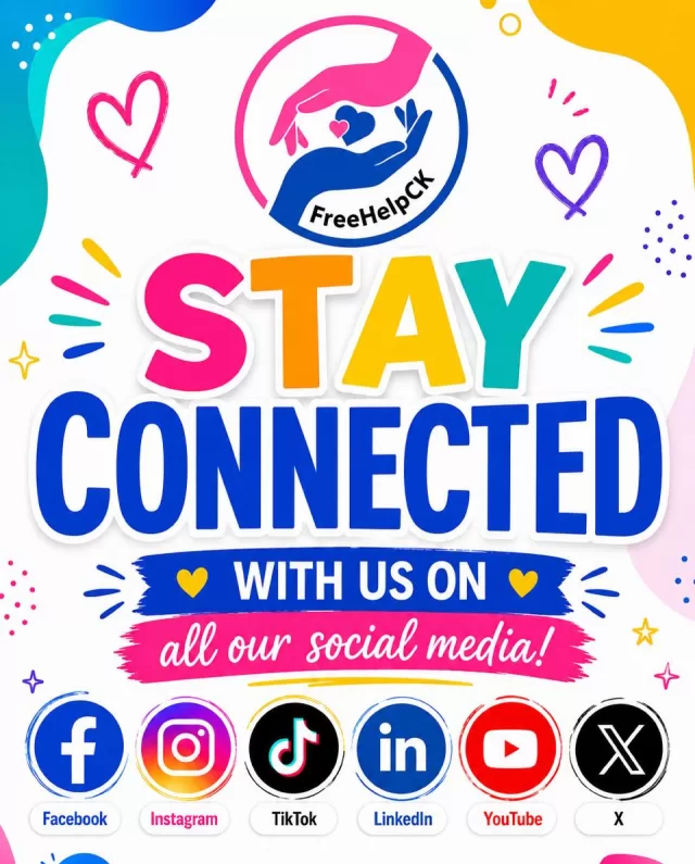Stay connected with FreeHelpCK!💗

Follow us on social media to stay up to date on our community programs, upcoming events, volunteer opportunities, fundraisers, and ways you can help make a difference.

✨Facebook: https://www.facebook.com/freehelpck�✨Instagram: https://www.instagram.com/freehelpck/�✨TikTok: https://www.tiktok.com/@freehelpck1�✨X: https://x.com/freehelpck�✨YouTube: https://www.youtube.com/@freehelpck�✨LinkedIn: https://ca.linkedin.com/company/freehelpck

🌐 Website: https://freehelpck.ca

Follow. Like. Share. Together, we can make a difference.