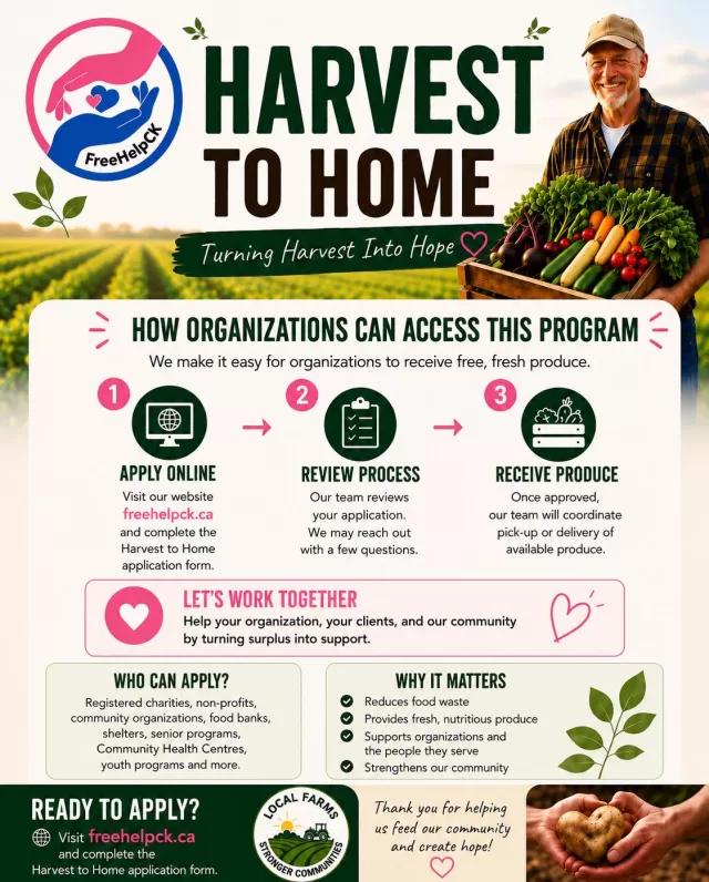 🌱 Need fresh produce for the people you serve?

Through FreeHelpCK’s Harvest to Home Program, registered charities, non-profits, food banks, shelters, senior programs, community health centres, and other community organizations can apply to receive fresh, locally donated produce.

Applying is simple:
1️⃣ Visit: https://freehelpck.ca/our-programs/harvest-to-home/
2️⃣ Complete the Harvest to Home application form
3️⃣ Once approved, we’ll coordinate the pickup or delivery of available produce

Together, we can reduce food waste while helping ensure fresh, nutritious food reaches those who need it most💚

Know an organization that could benefit? Tag them below or share this post!

#FreeHelpCK #HarvestToHome #FoodRescue #CommunityHelpingCommunity #ChathamKent