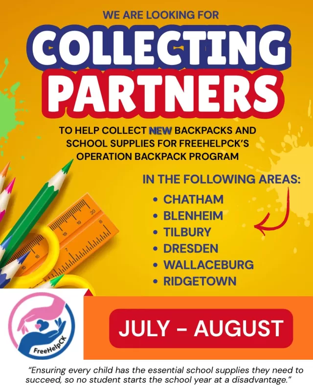 Help us make a difference this back-to-school season!📚

FreeHelpCK is looking for Collection Partners across Chatham-Kent to help collect new backpacks and school supplies for Operation Backpack🎒❤️

Whether you’re a local business, workplace, organization, or community group, hosting a collection box is a simple way to help local students start the school year with the supplies they need to succeed.

We’re currently looking for collection partners in:
📍 Chatham
📍 Blenheim
📍 Tilbury
📍 Dresden
📍 Wallaceburg
📍 Ridgetown

Interested in becoming a collection partner? 
👇Comment below or send us a message/email info@freehelpck.ca. Together, we can ensure every child starts the school year with confidence✏️❤️

#FreeHelpCK #OperationBackpack #CommunityHelpingCommunity #ChathamKent #BackToSchool #SupportLocal #GiveBack