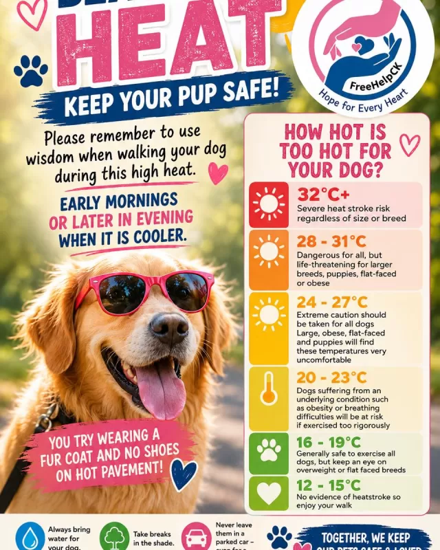 🐾☀️ BEAT THE HEAT – KEEP YOUR PUP SAFE! ☀️🐾

With these high temperatures, please remember to use wisdom when walking your dog.

🐶 Early mornings or later in the evening are the safest times for walks when it’s cooler.

Think about it this way… you try wearing a fur coat and no shoes on hot pavement! 🥵🐾

🌡️ Hot sidewalks and asphalt can burn your dog’s paws in seconds and the heat can quickly lead to dehydration or heat stroke.

💧 Always bring water.
🌳 Take breaks in the shade.
🚗 Never leave your pet in a parked vehicle.
❤️ Watch for signs of overheating, including excessive panting, weakness, vomiting, or confusion.

Our pets depend on us to keep them safe. Let’s make sure they enjoy the summer while staying cool and protected.

🐾💕 Together, we keep our pets safe and loved.
#FreeHelpCK #BeatTheHeat #PetSafety #DogLovers #KeepPawsSafe #CompassionInAction #HopeForEveryHeart