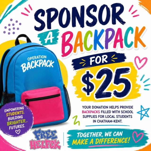 🎒 Imagine being excited for your first day of school… but not having a backpack to carry your supplies in.

For many families in our community, back-to-school shopping is simply out of reach.

For just $25, you can help ensure a local student walks into school feeling confident, included, and prepared.

Because no child should have to start the school year feeling embarrassed, left out, or different simply because their family is struggling.

✨ Be the reason a child starts the school year with confidence. Sponsor a backpack today and help change a student’s first day of school📚

👇Ways to Donate:

📧 E-Transfer: donate@freehelpck.ca
(To receive a charitable tax receipt, please include your full name and mailing address in the memo section.)

📬 By Mail:
35 Oxley Dr.
Chatham, ON N7L 2K5

🌐 Online:
https://freehelpck.ca/donate/

Together, we can ensure every child has the opportunity to start the school year ready to learn. ❤️🎒

#OperationBackpack #FreeHelpCK #CommunityHelpingCommunity #ChathamKent #SupportLocalStudents #BackToSchool #EveryChildDeservesToLearn