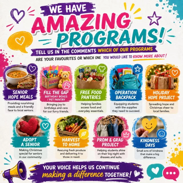 If you could pick just ONE… which FreeHelpCK program would it be? 👀💜

🥣 Senior Hope Meals
🎒 Operation Backpack
🐾 Pet Pantry & Birthday Boxes
🥕 Harvest to Home
🥫 Free Food Pantries
🎄 Holiday Hope Project
🎁 Adopt A Senior
👗 Prom & Grad Project
💜 Kindness Days

Or maybe you want to learn more about one of them? Tell us below! ⬇️

We love hearing what programs have touched your life and what you’d like to see more of in our community💕

#FreeHelpCK #CommunityHelpingCommunity #ChathamKent #MakingAnImpact