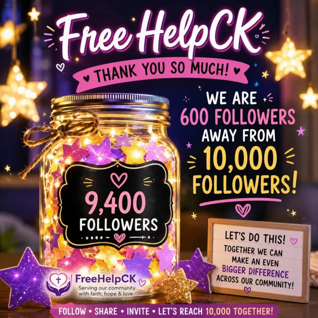 🌟 9,400 Strong… Only 600 More to Go! 🌟

WOW! We are incredibly grateful for each and every one of you. ❤️ Because of your support, FreeHelpCK has reached 9,400 followers!

That means we’re just 600 followers away from our goal of 10,000! 🎉

Every follow, share, comment, and invitation helps us reach more people in need and connect more families, seniors, youth, and pets with hope and support throughout our community.

💜 Here’s how you can help us reach 10,000:
⭐ Invite your friends and family to follow FreeHelpCK.
⭐ Share this post on your page.
⭐ Like and comment to help more people see it.
⭐ Tell others about the work we’re doing together.

This milestone isn’t about numbers—it’s about reaching more hearts, serving more people, and spreading more kindness throughout Chatham-Kent and beyond.

Let’s do this together! We can reach 10,000 followers and continue making an even bigger difference in our communities.

Thank you for believing in our mission and walking this journey with us. May God bless each of you for helping us be His hands and feet. ❤️🙏

#FreeHelpCK #RoadTo10000 #CommunityStrong #FaithHopeLove #TogetherWeCan #KindnessMatters #ServingOurCommunity