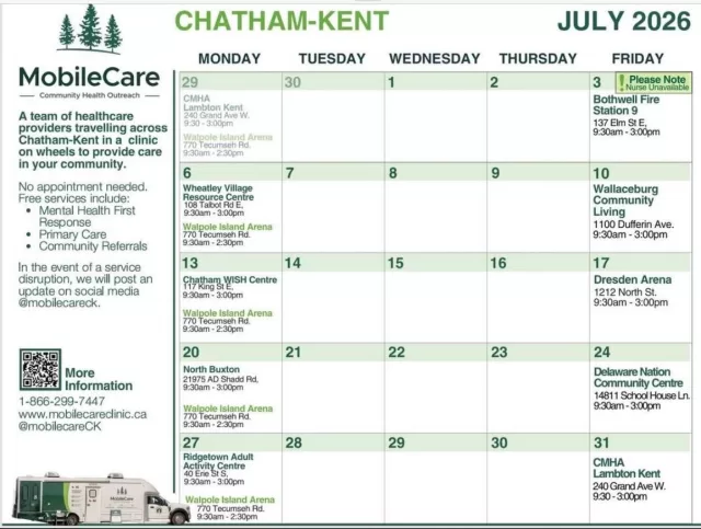 🩺 Need a prescription refill, treatment plan started, help with a rash, or other non-emergency medical concerns?

The MobileCare Chatham-Kent team is at the W.I.S.H. Centre today until 3:00 PM with a Nurse Practitioner on site and available to assist community members. MobileCare provides free walk-in primary care services to help make healthcare more accessible for everyone. 

📍 W.I.S.H. Centre
⏰ Available until 3:00 PM today

Please share this post so those who may need assistance are aware of this valuable community resource. ❤️

#ChathamKent #MobileCareCK #CommunityHelpingCommunity #HealthcareAccess #FreeHelpCK