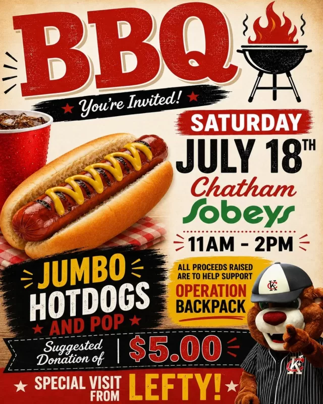 🌭 Join us this Saturday at Sobeys Chatham from 11:00AM to 2:00PM for an Operation Backpack BBQ Fundraiser!

For a suggested donation of just $5.00, enjoy a jumbo hot dog and a pop while helping local students get ready for the upcoming school year🎒❤️

Plus, Lefty will be stopping by, so be sure to come say hello and snap a photo!

Every dollar raised helps support FreeHelpCK’s Operation Backpack program and ensures local children head back to school with the supplies they need to succeed.

We hope to see you there!

#FreeHelpCK #OperationBackpack #CommunityHelpingCommunity #ChathamKent #Fundraiser #BackToSchool