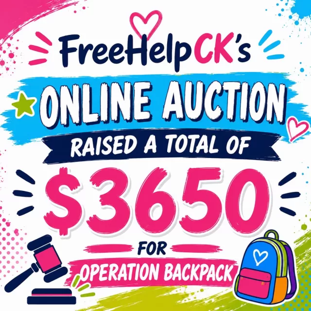 ✨ Because of your incredible generosity, FreeHelpCK’s Online Auction raised an amazing $3,650 for Operation Backpack! 🎒💚

Every bid, share, donation, and item contributed is helping us move one step closer to ensuring local students head back to school with the supplies they need to succeed.

From the bottom of our hearts, thank you to everyone who donated auction items, placed bids, and supported this fundraiser. Your kindness will make a lasting impact on children and families throughout Chatham-Kent.

Together, we are helping fill backpacks, build confidence, and create brighter beginnings for the upcoming school year. 📚✏️