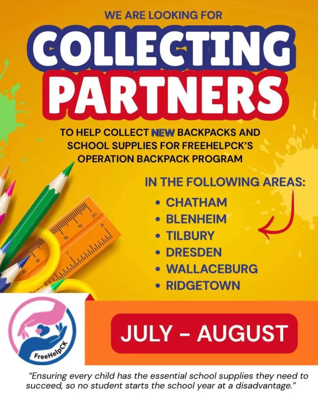 🎒📣 OPERATION BACKPACK DROP OFF LOCATIONS ARE POPPING UP

Our Operation Backpack collection bins are now rolling out across Chatham-Kent, and we’d love your help reaching our goal of supporting 3,600 local students this school year📚

Whether you’re picking up groceries, grabbing office supplies, or stopping by one of our amazing community partners, consider adding one extra school supply to your cart and dropping it in the collection bin before you leave.

📍 Drop-off Locations

Chatham
• Apple Self Storage
• CSN Chatham (CSN Apex Autogroup)
• Staples
• Encore Shop
• Schaeffler Motion Technologies Canada, Inc.

Tilbury
• CSN Tilbury
• Ledgers Canada

Wallaceburg
• CSN Holmes

It doesn’t take a big donation to make a big difference ❤️ A backpack, a notebook, a pack of pencils, or a box of crayons all help ensure a local child starts the school year feeling confident, prepared, and ready to succeed 🚌

Together, let’s fill every bin, every backpack, and every student’s future with possibility✨

#OperationBackpack #FreeHelpCK #ChathamKent #BackToSchool #CommunitySupportingCommunity #SchoolSupplyDrive #GiveBack