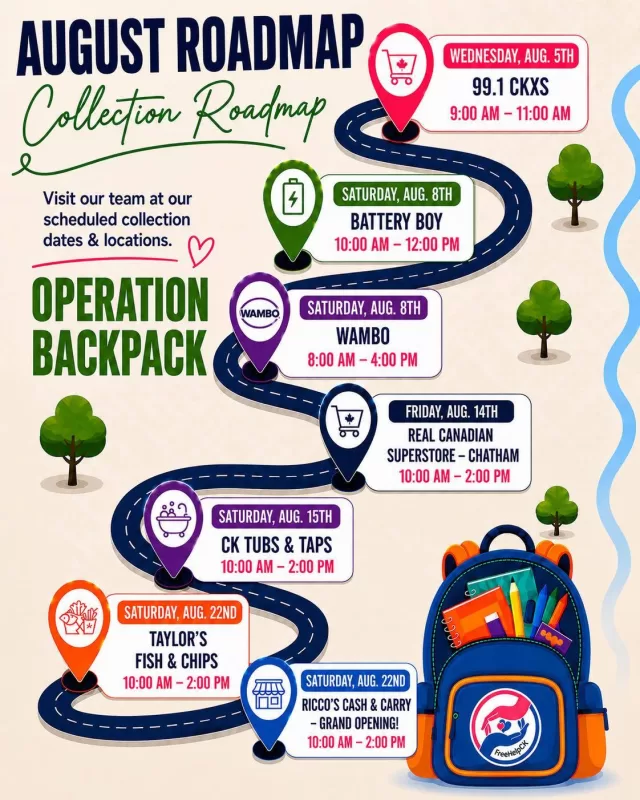 🎒 Our August Collection Roadmap is here!

Operation Backpack is officially underway, and we have several opportunities throughout August for you to help local students head back to school with confidence.

Whether you’re able to donate a new backpack, school supplies, or make a monetary contribution, every act of kindness helps ensure a child in Chatham-Kent starts the school year prepared and ready to learn.

📍 Stop by one of our collection events this month. we’d love to see you!

 Together, we can make a difference for thousands of local students.📚🫶

Thank you for helping us show what community helping community truly looks like.

#OperationBackpack #FreeHelpCK #CommunityHelpingCommunity #BackToSchool