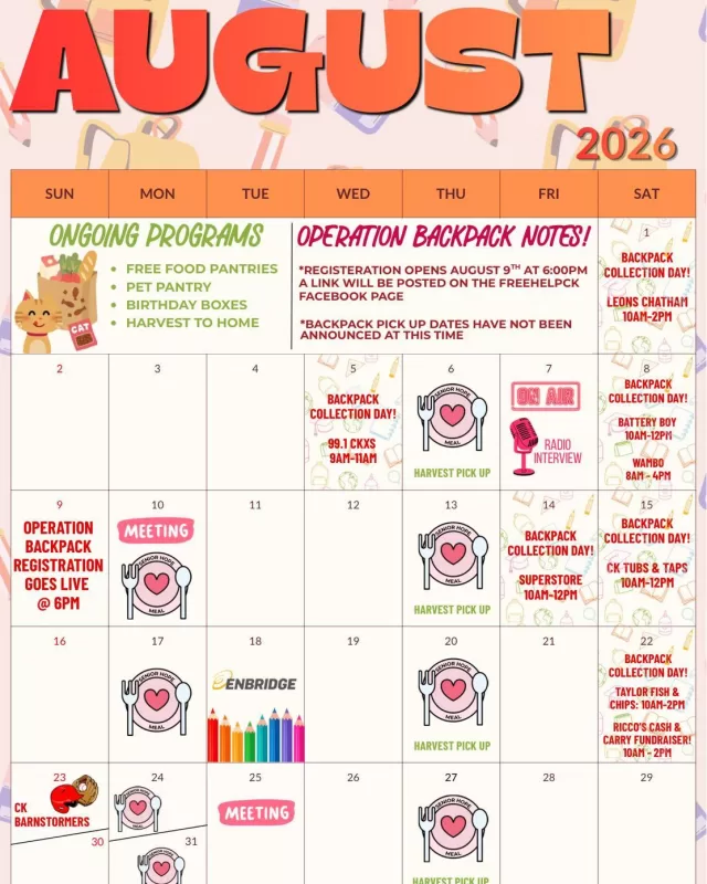 August is going to be a busy month at FreeHelpCK! 😅😁

From Operation Backpack collection days and community fundraisers to our ongoing weekly programs, there’s no shortage of ways to get involved and make a difference.

Throughout the month, we’ll be busy with:
📚 Operation Backpack collection events
🍽️ Senior Hope Meals
🥕 Harvest to Home produce pickups
🥫 Stocking our Free Food Pantries
🐾 Fill the Gap requests
…and so much more!

Whether you’re dropping off a donation, attending an event, or simply stopping by to say hello, we hope to see you this month. Every act of kindness helps us continue supporting children, seniors, families, and individuals across Chatham-Kent.

Interested in giving back to your community? We’d love to have you join our incredible team of volunteers! Complete the volunteer application on our website to get started.

We can’t wait to see you this August! 🫶