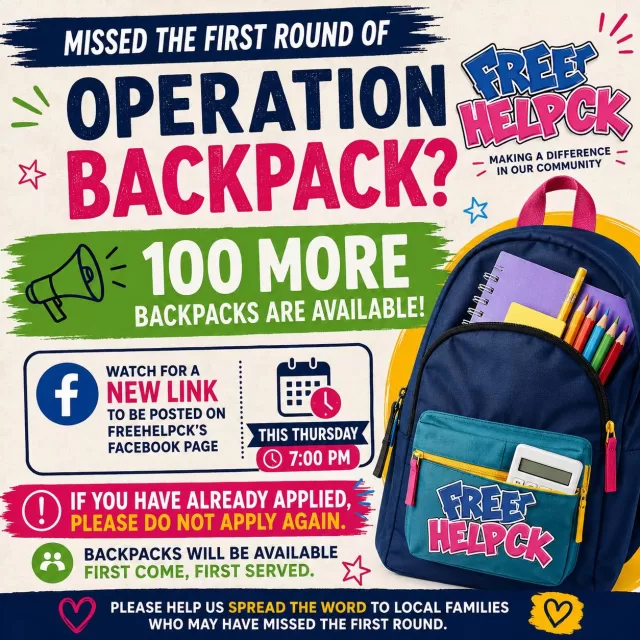 ⚠️ IF YOU HAVE ALREADY APPLIED, PLEASE DO NOT APPLY AGAIN!

🎒 MISSED THE FIRST ROUND OF OPERATION BACKPACK?

We have some exciting news — 100 MORE BACKPACKS ARE AVAILABLE! 🎉

A NEW registration link will be posted on FreeHelpCK’s Facebook page this Thursday at 7:00 PM.

Backpacks will be available first come, first served, so be sure to watch our page for the new link!

Please help us spread the word to local families who may have missed the first round❤️

#FreeHelpCK #OperationBackpack #ChathamKent