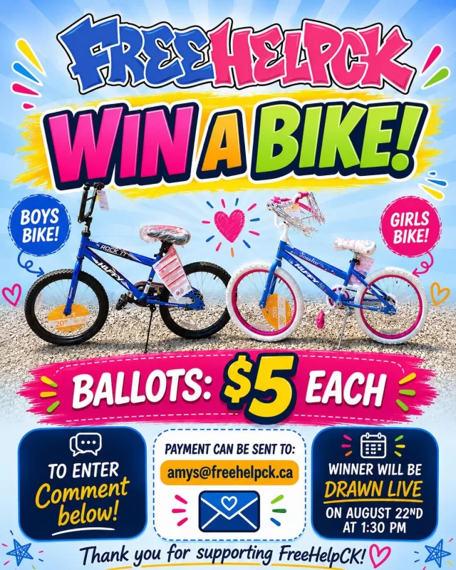 WHO WANTS TO WIN A BRAND-NEW BIKE?! 🎉

We have TWO bikes up for grabs and your chance to win is only $5 per ballot!

🎟️ To enter: Comment below with how many ballots you’d like and send your payment to amys@freehelpck.ca.

📅 Winners will be drawn LIVE on August 22nd at 1:30 PM!

**Winners must pick up their bikes**

Not only could you take home a new bike, but your support helps FreeHelpCK continue making a difference right here in Chatham-Kent💕

Good luck & thank you for supporting FreeHelpCK!

#FreeHelpCK #BikeRaffle #ChathamKent #CommunityHelpingCommunity