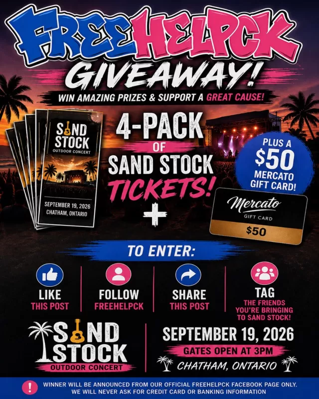 GIVEAWAY TIME! 🎉

Who’s ready for a night of great music while supporting FreeHelpCK?! 🎶

We’re giving away:
🎟️ 4 tickets to Sandstock Chatham Outdoor Concert
💳 $50 Mercato Gift Card

Sand Stock is happening September 19th, 2026 in Chatham, and one lucky winner is taking home the whole prize package!

TO ENTER:
👍 Like this post
➕ Follow the FreeHelpCK Facebook page
📲 Share this post
👥 Tag the friends you’d bring to Sand Stock in the comments!

Every like, share and tag helps spread the word about an event that is giving back to FreeHelpCK and supporting the work we do right here in our community❤️

A huge thank you to Dustin Ryan for generously donating the Sandstock tickets and Mercato gift card and giving us the opportunity to share this fun giveaway with our community!

⚠️ PLEASE NOTE: The winner will ONLY be announced from the official FreeHelpCK Facebook page. We will never ask for credit card or banking information.

Good luck! 🎶☀️