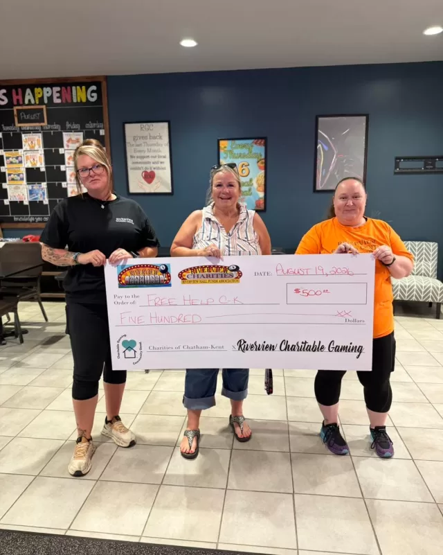 Thank you to Riverview Gaming Centre for hosting an RGC Gives Back Night in support of FreeHelpCK’s Operation Backpack program and generously donating $500! 🎒❤️

This donation brings us closer to our goal of providing 400 additional backpacks filled with school supplies for local children across Chatham-Kent.

We’re so grateful to Riverview Gaming Centre and everyone who supported the evening. Your support is helping us reach even more students before they head back to school! ✏️📚