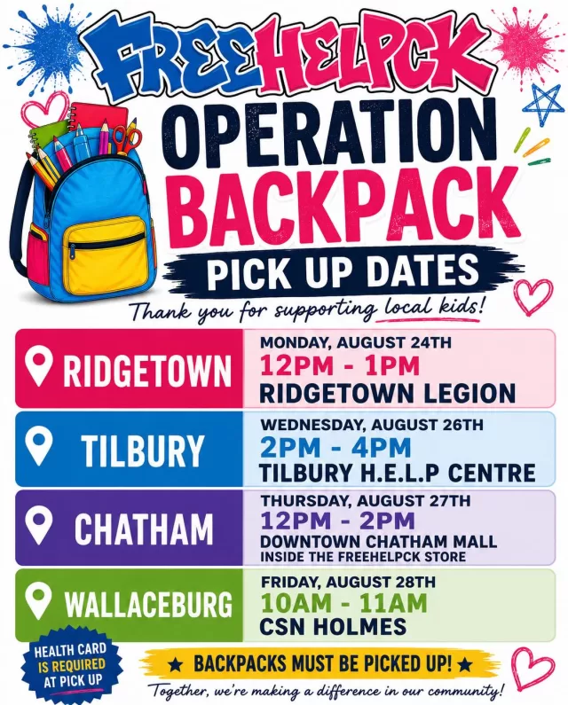 FRIENDLY REMINDER — OPERATION BACKPACK PICK-UP IS NEXT WEEK! 🎒

If you registered for Operation Backpack, please remember:

🪪 Your child’s health card is required at pick-up.

📍 Please attend the pick-up location, date and scheduled time you selected on your application. Unfortunately, we are unable to accommodate rescheduled or alternate pick-up times.

🤝 If you are unable to attend, a friend or family member can pick up on your behalf, but they must bring a copy of your child’s health card.

We appreciate everyone’s cooperation as we prepare to get thousands of backpacks into the hands of local students! ❤️🎒