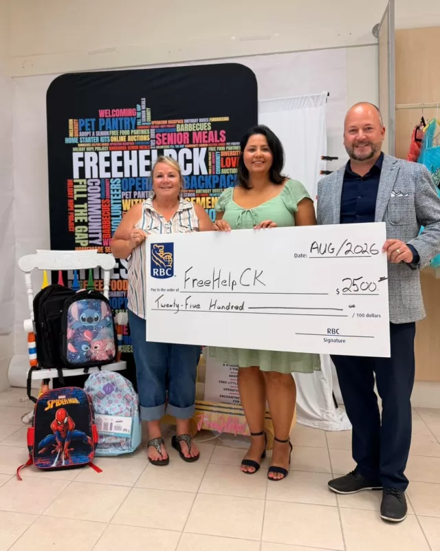 A heartfelt thank you to RBC Chatham for their generous donation to FreeHelpCK’s Operation Backpack program!🎒❤️

Your support brings us one step closer to our goal of providing 400 additional backpacks filled with school supplies for children across Chatham-Kent.

We are incredibly grateful to have community partners like RBC helping us ensure even more local students can head back to school prepared and ready for the year ahead✏️📚

Thank you, RBC, for investing in the youth of our community and helping us make a difference!✨
#FreeHelpCK #OperationBackpack #ThankYou