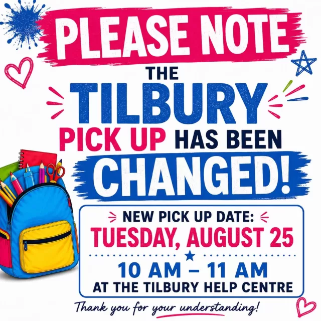 🚨 IMPORTANT TILBURY PICK-UP UPDATE! 🎒

If you selected Tilbury as your Operation Backpack pick-up location, please note that the pick-up date and time have changed.

📅 NEW DATE: Tuesday, August 25th
⏰ TIME: 10:00 AM – 11:00 AM
📍 LOCATION: Tilbury Information and Help Centre - United Way of Chatham-Kent

Please make sure you arrive during the updated pick-up time, as there will be no rescheduled pick-ups.

🪪 Reminder: Your child’s health card is required at pick-up.

🙏🏻Please share to help us make sure all Tilbury families see this important update!