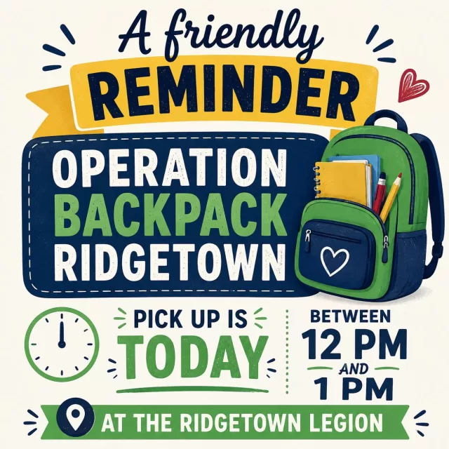 🎒 FRIENDLY REMINDER, RIDGETOWN! 🎒

Operation Backpack pickup is happening TODAY from 12:00 PM – 1:00 PM at the Ridgetown Legion! ❤️

If you selected Ridgetown as your pickup location, please remember to bring your child’s health card with you. If you are unable to pick up, someone can pick up for you, they simply need to provide a copy of the health card. 

**please note there will be no rescheduled pick up dates/times** 

📍 Ridgetown Legion
⏰ 12:00 PM – 1:00 PM
📅 TODAY — Monday, August 24th

We can’t wait to see everyone and help get our local students ready for a great school year! 🎒✏️📚

#FreeHelpCK #OperationBackpack #Ridgetown #ChathamKent #BackToSchool