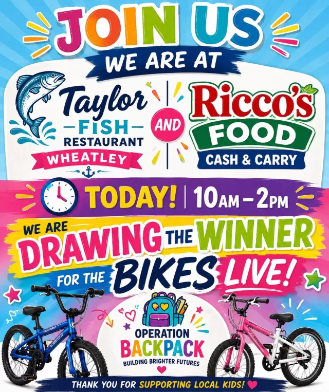 COME SEE US TODAY! 🚲🎒

We’re out in the community from 10AM–2PM at TWO locations supporting FreeHelpCK’s Operation Backpack!

🐟 taylorfishcompany — Wheatley
📍 419 Erie Street South, Wheatley (Taylor Fish Company⁠￼)

🛒 Ricco Cash & Carry Chatham 
📍 496 Riverview Drive, Chatham Ricco Foods Cash and Carry

Stop by, say hello and help us continue supporting local students as they head back to school! ❤️🎒

🚨 PLUS — TODAY’S THE DAY! We’ll be drawing the winners of our BIKE GIVEAWAYS LIVE! 🚲🎉 Stay tuned to our Facebook page to see who our lucky winners are!

We can’t wait to see you! ❤️

#FreeHelpCK #OperationBackpack #ChathamKent #Wheatley #CommunityHelpingCommunity #BackToSchool