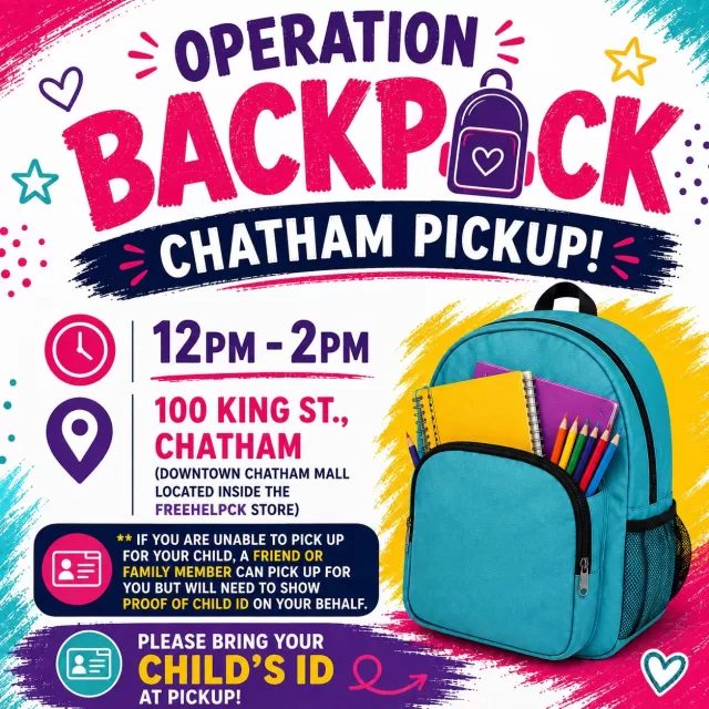 OPERATION BACKPACK – CHATHAM PICKUP! 🎒

Today is Chatham pickup day! 💕📚

📍 100 King St., Chatham
Downtown Chatham Mall – inside the FreeHelpCK Store
⏰ 12PM – 2PM

‼️ Please remember to bring your child’s health card/ID with you at pickup.

Can’t make it yourself? A friend or family member can pick up on your behalf, but they must have a copy of your child’s health card/ID with them.

We can’t wait to see everyone today and help send our students back to school ready for a great year! 🎒✏️