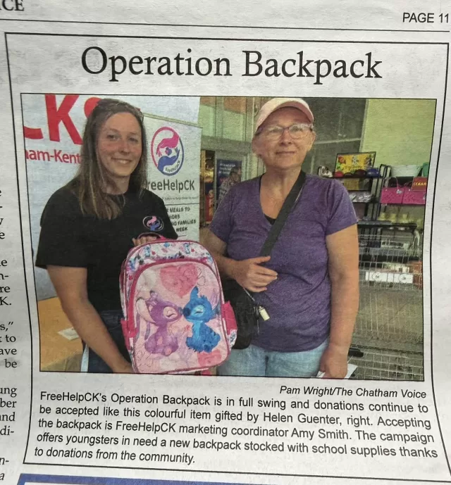📰❤️ HAVE YOU CHECKED YOUR COPY OF THE CHATHAM VOICE THIS WEEK?

A familiar FreeHelpCK face can be spotted on page 11! 👀🎒

Our very own Amy was captured during our Chatham Real Canadian Superstore Operation Backpack Collection Day, helping collect donations for local children heading back to school🚌

A tremendous THANK YOU to everyone who stopped by, donated supplies, made a monetary donation or simply showed their support. Because of this incredible community, Operation Backpack was once again such a tremendous success! 🎒❤️

And a special thank you to Pam Wright from The Chatham Voice Newspaper for helping us spread the word about Operation Backpack and sharing our efforts with the community. Your continued support means so much to us! 🫶

We couldn’t do what we do without you, Chatham-Kent! 🫶