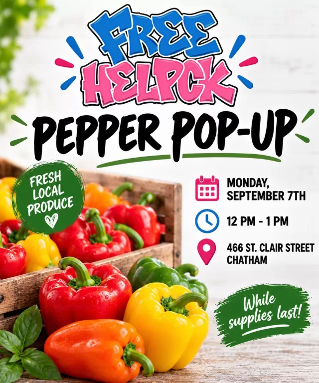 PEPPER POP-UP! 🫑

We’ll be at 466 St. Clair Street, Chatham THIS MONDAY with fresh peppers to share with our community! ❤️

📅 Monday, September 7th
⏰ 12 PM – 1 PM
📍 466 St. Clair Street, Chatham

No registration needed, just stop by and look for the FreeHelpCK truck! 🚚🫑

While supplies last! 
✨Please share and help us spread the word!