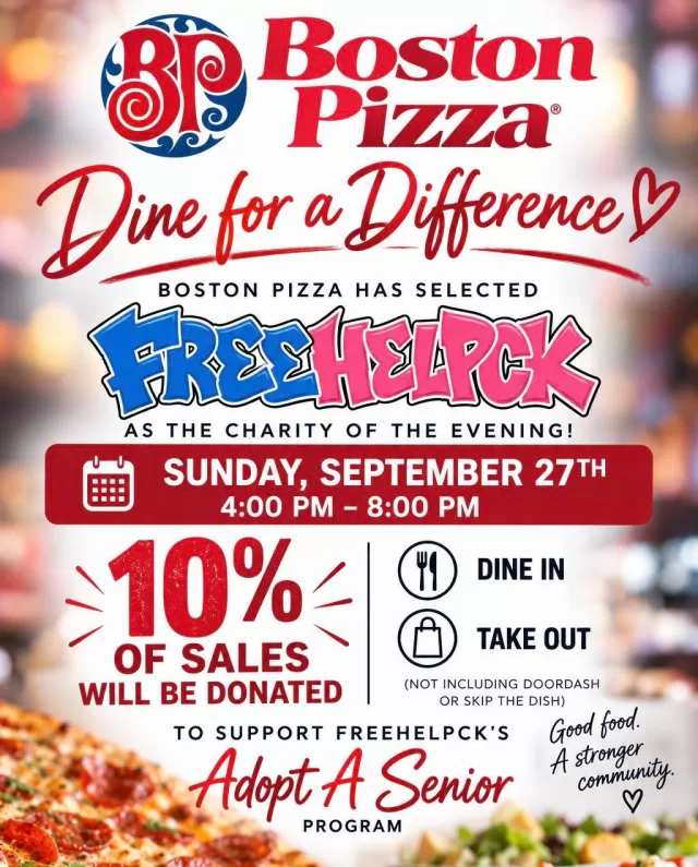🍕 Dinner plans that give back? Yes, please!

On Sunday, September 27th, Boston Pizza (Chatham) has selected FreeHelpCK as their Charity of the Evening! ❤️

From 4:00–8:00 PM, 10% of dine-in and takeout sales will be donated to FreeHelpCK’s Adopt A Senior Program🎁

So whether you’re craving pizza, pasta or just an excuse not to cook, come enjoy a meal and know that part of your purchase is helping us make the holidays a little brighter for seniors throughout Chatham-Kent!

📍 Boston Pizza Chatham (780 St.Clair St., Chatham)
📅 Sunday, September 27th
⏰ 4:00–8:00 PM

Dine-in and takeout only
** DoorDash and SkipTheDishes orders are not included** 

🙏🏻 Thank you, Boston Pizza, for choosing to support FreeHelpCK and the seniors in our community!