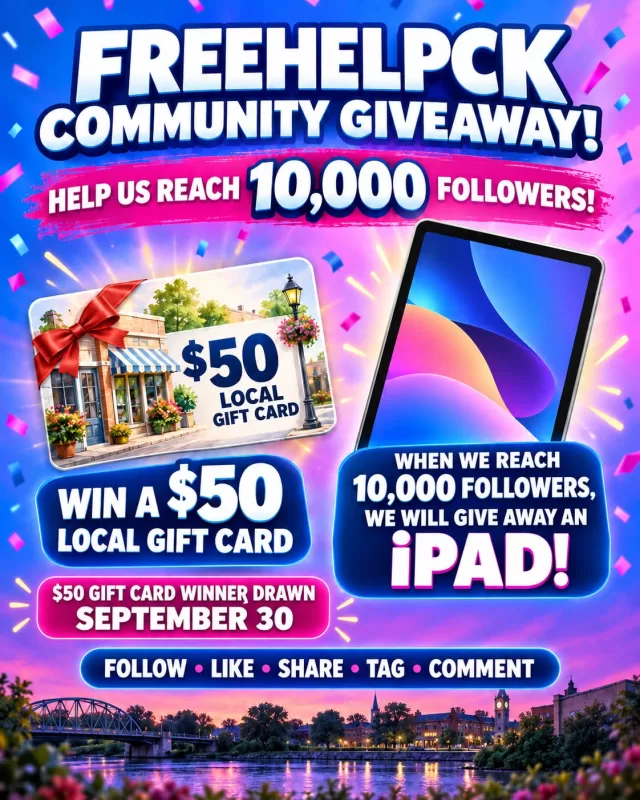 🎉 BIG FREEHELPCK GIVEAWAY! 🎉

We’re working toward an exciting goal—10,000 active community followers! We’re only about 300 followers away, and we need your help! 💙

To celebrate, one lucky winner will receive a $50 gift card to the local business of their choice!

For your chance to win:

✅ Follow FreeHelpCK—and if you already do, thank you!
✅ Like and share this post
✅ Tag a friend
✅ Comment what you would do with the gift card and which local business you would choose!

🏆 The winner will be announced on September 30, 2026.

🎁 BONUS GIVEAWAY: If we reach 10,000 followers, everyone who completes the steps above will also have a chance to win an iPad!

Let’s grow our FreeHelpCK community, support local businesses and celebrate together! Please help us reach 10,000! 🥳💙

FreeHelpCK will announce the winners directly. Please be cautious of fake accounts or messages asking for personal or financial information.

#togetherness
#winning
#communitysupport
