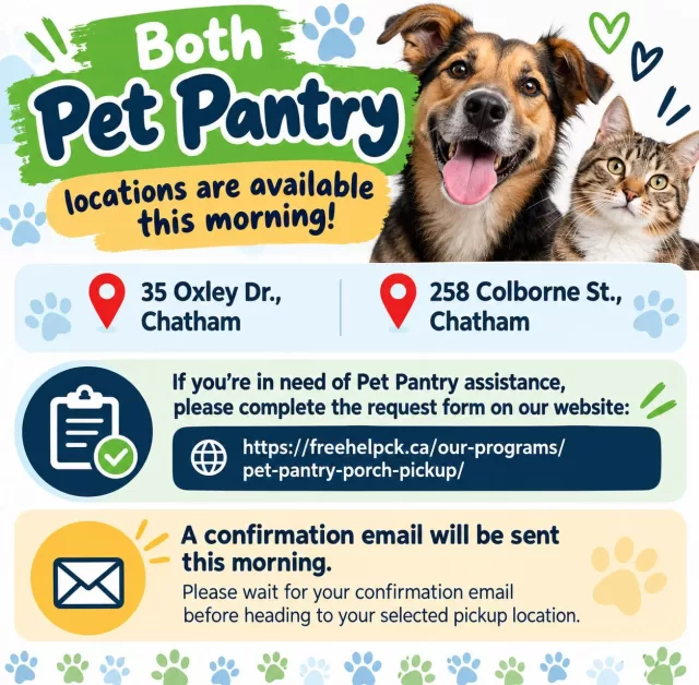 🐾 Both of our Pet Pantry locations have officially reopened! 

If you’re in need of a little extra help for your furry family members, please complete our Pet Pantry request form on our website.

📍 35 Oxley Dr., Chatham
📍 258 Colborne St., Chatham

📧 Confirmation emails will be sent this morning. Please wait until you receive your confirmation before heading to your selected pickup location.

🐶🐱 Request assistance here:
https://freehelpck.ca/our-programs/pet-pantry-porch-pickup/

#FreeHelpCK #PetPantry #ChathamKent #HelpingPets #PetSupport