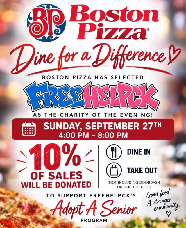 🍽️ Dinner plans = handled!

Tonight from 4:00–8:00 PM, stop by Boston Pizza and help support FreeHelpCK’s Adopt A Senior Program while enjoying your favourites!

10% of all dine-in and takeout sales during the evening will be donated back to FreeHelpCK❤️
(Excludes DoorDash and SkipTheDishes)

No cooking, no dishes, and a great reason to grab great food! 😋🙌

Come hungry, we’ll see you tonight!

#FreeHelpCK #AdoptASenior #BostonPizza #ChathamKent #DinnerForACause