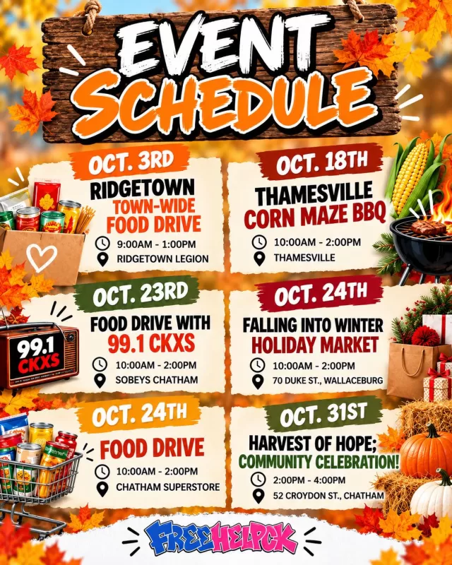 🍂 October is going to be a busy one for FreeHelpCK!

We have a full month of events coming up across Chatham-Kent, from food drives and BBQs to markets and our Harvest of Hope celebration!

📅 Save the dates and come see us this October! We’re looking forward to getting out into the community, seeing some familiar faces and meeting plenty of new ones along the way. 💛

Check out our October schedule and let us know which event we’ll see you at!

#FreeHelpCK #ChathamKent #OctoberEvents #CKEvents