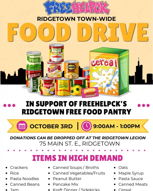 A Friendly Reminder✨

Tomorrow, October 3rd, FreeHelpCK will be holding our Ridgetown Town-Wide Food Drive from 9:00 AM to 1:00 PM.

📍 Donations can be dropped off at the Ridgetown Legion (75 Main St. E., Ridgetown)

If you’re able to help, we would be so grateful if you could bring along a few non-perishable food items. Whether it’s a single can, a grocery bag, or a little more, every donation helps us support individuals, families and seniors in our community🥫❤️

It’s the kindness of our neighbours that makes days like this possible, and we truly appreciate every person who donates, shares our post, or helps spread the word.

Thank you, Ridgetown, for continuing to look out for one another. We hope to see you tomorrow!😁

#FreeHelpCK #Ridgetown #RidgetownFoodDrive #ChathamKent
