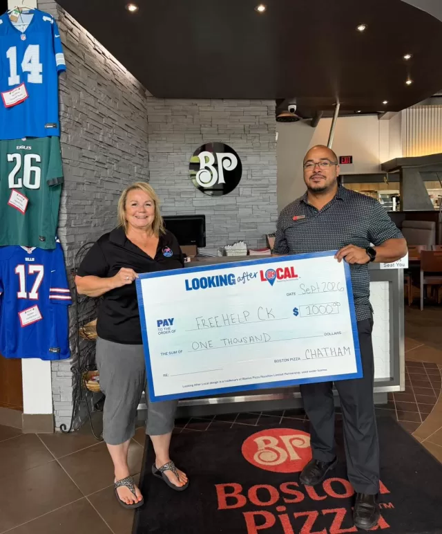 🍕 A HUGE shoutout to Boston Pizza and the Chatham-Kent community!

Thanks to everyone who dined in or ordered takeout on September 27th, the evening raised an incredible $1,000 for FreeHelpCK’s Adopt A Senior program! 🎄💙

These funds will go directly toward helping us bring a little extra joy to local seniors this Christmas through a special Christmas Eve dinner and gifts.

Thank you to Boston Pizza for hosting this wonderful fundraiser, and to everyone who came out and supported us. Every meal ordered helped make a difference for a senior in our community. ❤️

We are incredibly grateful for your support!

#FreeHelpCK #AdoptASenior #BostonPizza #ChathamKent #SupportingSeniors