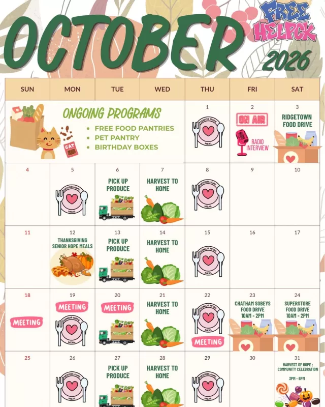 October is here, and we’re hitting the ground running! 🍂🧡

It’s shaping up to be a busy month at FreeHelpCK, with events, fundraisers, and our ongoing programs happening throughout Chatham-Kent. Our calendar is FULL, and we’re so excited for everything ahead! 🗓️✨

There’s lots happening, and lots of ways to get involved! Visit freehelpck.ca for more information, event details, and ways to support FreeHelpCK!

#FreeHelpCK
