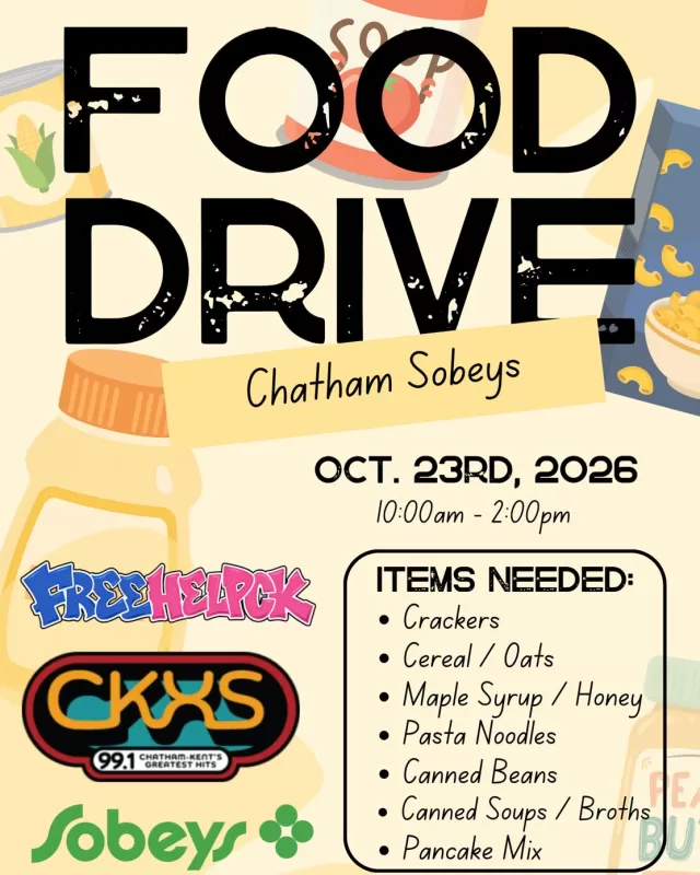 🥫 We’ve got TWO food drives coming up! 🛒

Help us stock FreeHelpCK’s Free Food Pantries and support individuals and families throughout Chatham-Kent!

📍 Friday, October 23rd
Chatham Sobeys | 10 AM – 2 PM
Joining us will be 99.1 CKXS - Chatham-Kent's Greatest Hits🎙️

📍 Saturday, October 24th
Real Canadian Superstore | 10 AM – 2 PM

Not sure what to donate? Both flyers include a list of the non-perishable food items we’re currently in need of most!

Every donation, big or small, helps us keep our pantries stocked for those who need them.

We hope to see you there! 💛

#FreeHelpCK #ChathamKent #FoodDrive #FreeFoodPantries #GiveBack