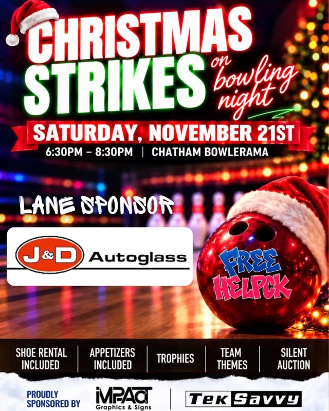 🎳🎄 A BIG THANK YOU TO J & D AUTO GLASS!

We’re excited to welcome J & D Autoglass as a Lane Sponsor for FreeHelpCK’s Christmas Strikes Bowling Tournament!

Their generous support will help make this event possible while raising funds for our Holiday Hope Project, bringing Christmas joy to local youth ages 13–15 who could use a little extra support this holiday season❤️

We’re incredibly grateful to J & D Auto Glass for choosing to support our efforts and helping us make a difference this Christmas!

Please join us in thanking them for their generosity! 👏

#FreeHelpCK #ChristmasStrikes #HolidayHopeProject #JDAutoGlass #ChathamKent #ThankYouSponsors