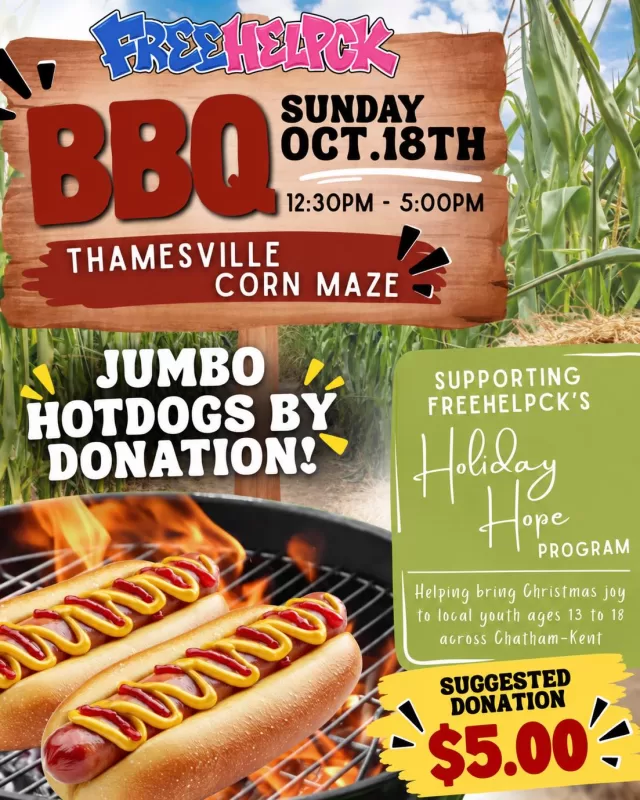 HOTDOGS ARE ON THE MENU TODAY!!😋 🌭

Heading to the Thamesville Corn Maze today? Be sure to stop by and see FreeHelpCK!

We’ll be serving up JUMBO hotdogs, chips, and your choice of pop or water! 🥤

📍 Thamesville Corn Maze
⏰ 12:30 PM – 5:00 PM
💛 By donation | Suggested $5.00

Enjoy a delicious lunch while supporting FreeHelpCK’s Holiday Hope program🎄

We hope to see you there! 🌽🌭