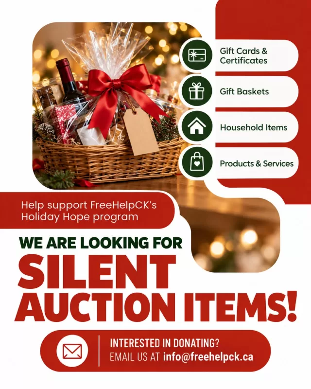 We’re looking for local businesses and community members who would be willing to donate an item to our Christmas Strikes Bowling Tournament Silent Auction!

Whether it’s a gift card, gift basket, household item, product or service, every donation helps us raise funds for FreeHelpCK’s Holiday Hope Project program, supporting local youth this Christmas between the ages of 13-15 years old🎅🏻❤️

We’re so thankful for the generosity of our Chatham-Kent community and the businesses that continue to support our programs. Your contributions help us make a meaningful difference for those who need it most.

🎁 Interested in donating? Email us at info@freehelpck.ca!

📣 Please help us spread the word by sharing this post! 

#FreeHelpCK #ChristmasStrikes #HolidayHopeProject #ChathamKent #SilentAuction #SupportLocal #GivingBack