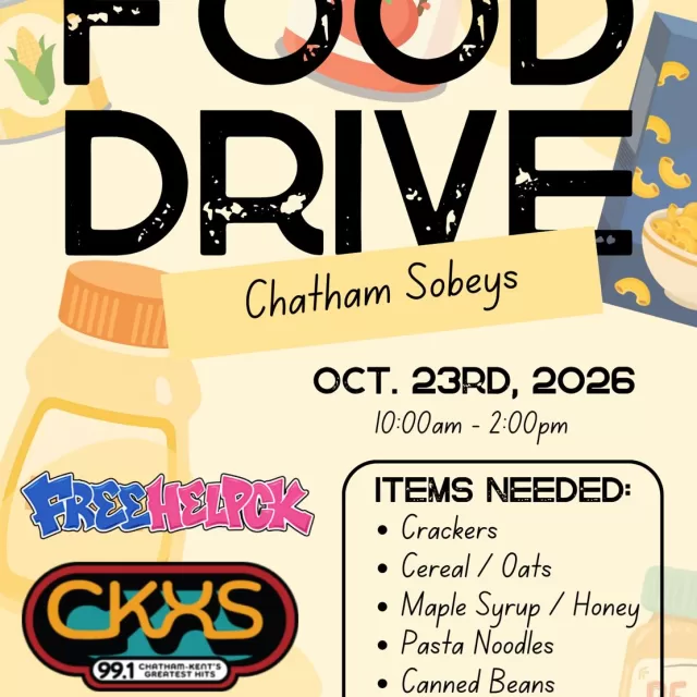 Our FreeHelpCK Free Food Pantries at the following locations were restocked today! 🛒

📍 805 Grand Ave. W., Chatham
📍 BME Freedom Park
📍 15 Orchard Heights
📍 300 Junction Ave., Chatham

A sincere thank you to Chatham Sobeys for their generous donation and continued support of our Free Food Pantry Program! Your kindness helps us keep these pantries stocked and available for individuals and families who need a little extra support🙏🏻💚

A reminder that we’ll be at Chatham Sobeys TOMORROW!

Join us Friday, October 23rd, from 10AM – 2PM for our FreeHelpCK Food Drive alongside 99.1 CKXS - Chatham-Kent's Greatest Hits!

If you’re stopping by to do your groceries tomorrow, please consider picking up an extra non-perishable food item to donate. Every donation, big or small, helps us continue supporting those in need throughout Chatham-Kent.

✨ Friendly reminder: Please take only 4 items per household from our free food pantries so there’s enough to share with others.